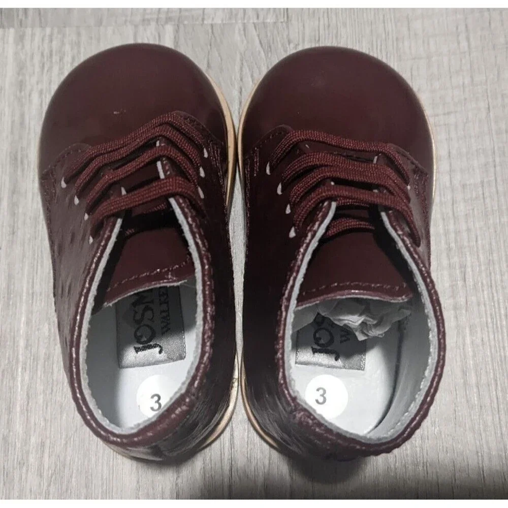 New Josmo Walker Burgundy Patent Ostrich Tie Baby Shoes Sz 3 w/ Box